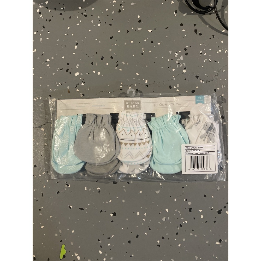 Hudson Baby Infant Cotton Scratch Mittens 10pk Gray Elephant One Size Boy Girl